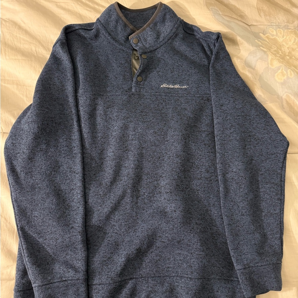 Eddie Bauer Navy Heather Snap-Front Mock Neck Sweater